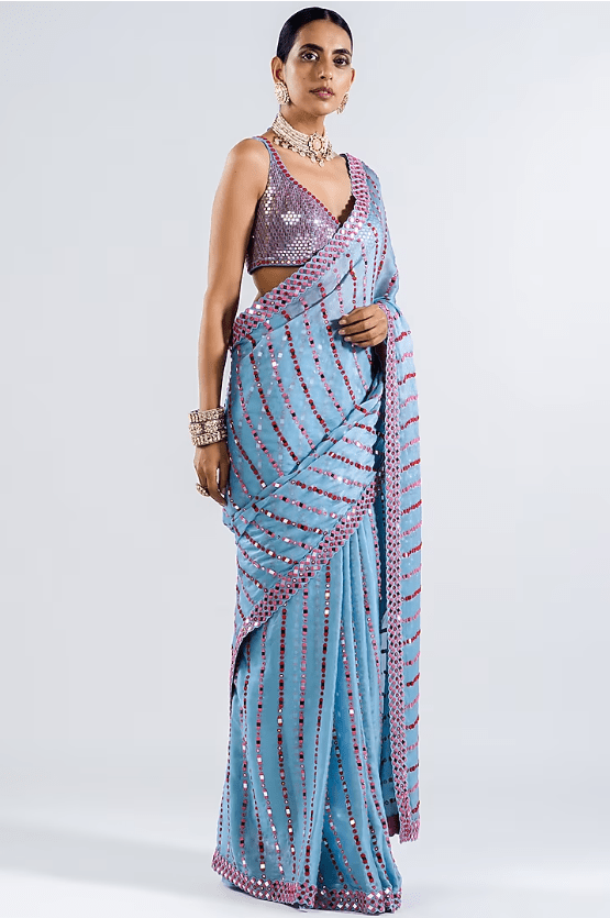Ice Blue Satin Organza Embellished Pre-Draped Saree Set - Image 4