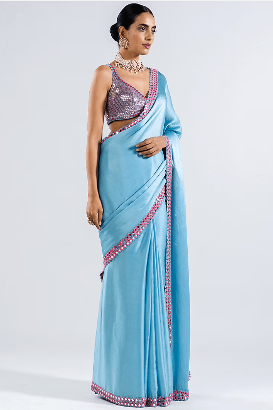 Ice Blue Satin Chiffon Embellished Saree Set - Image 4