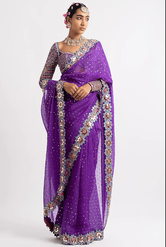 Purple Sequins Saree Set
