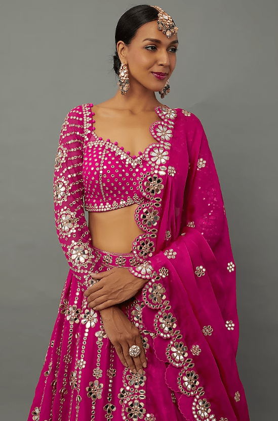Fuchsia Georgette Mirror Embellished Lehenga Set - Image 4