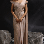 Mocha Colored Imported Satin Pre-Draped Saree Set