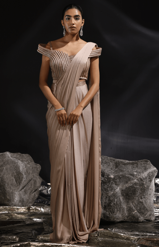 Mocha Colored Imported Satin Pre-Draped Saree Set