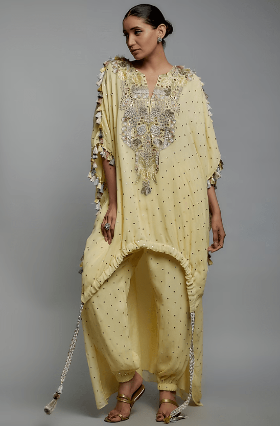 Yellow Mukaish Georgette Applique Embroidered High-Low Kurta Set