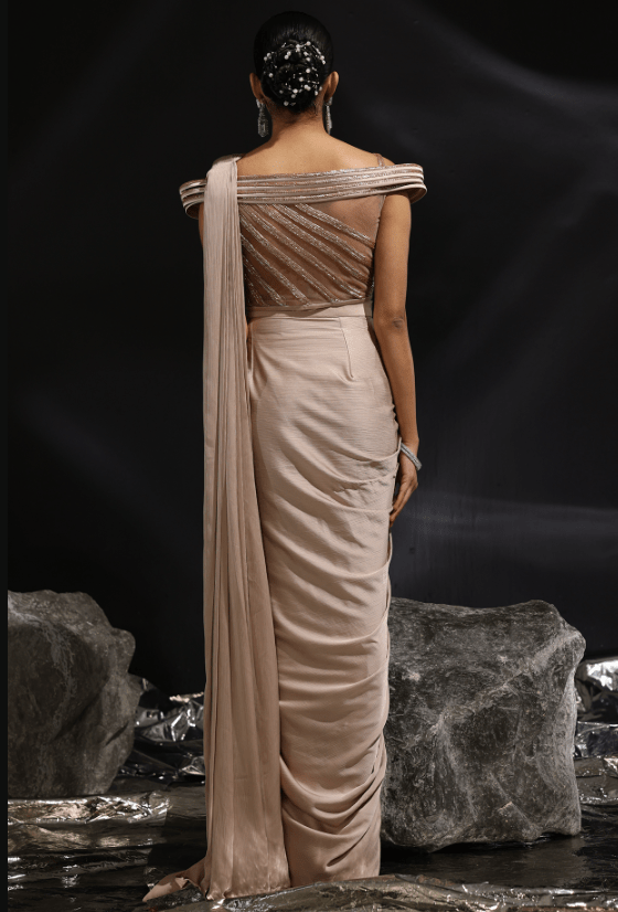 Mocha Colored Imported Satin Pre-Draped Saree Set - Image 2