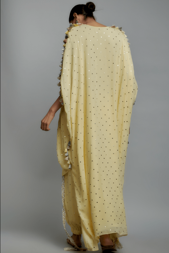 Yellow Mukaish Georgette Applique Embroidered High-Low Kurta Set - Image 2