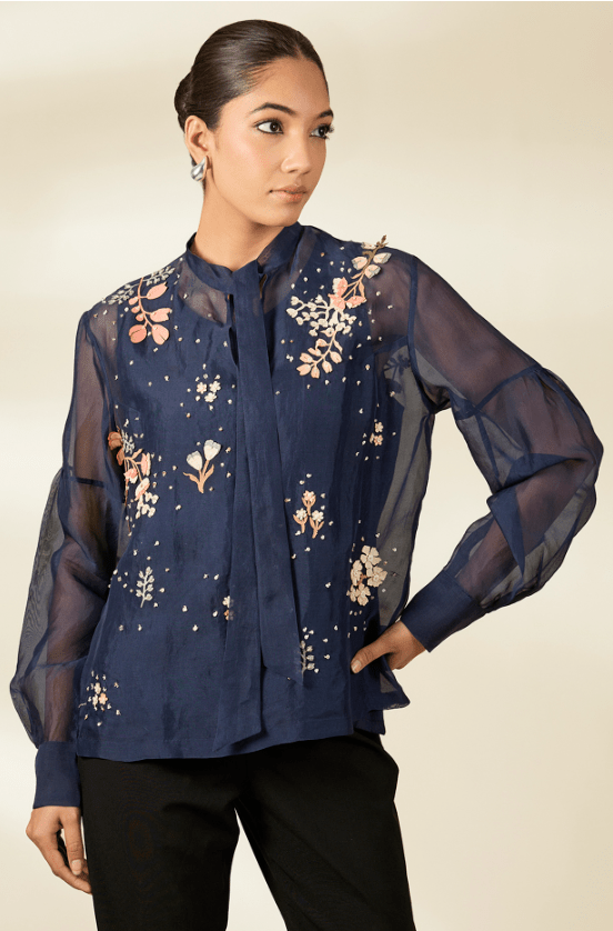 Blue Organza Applique Work Tunic - Image 2