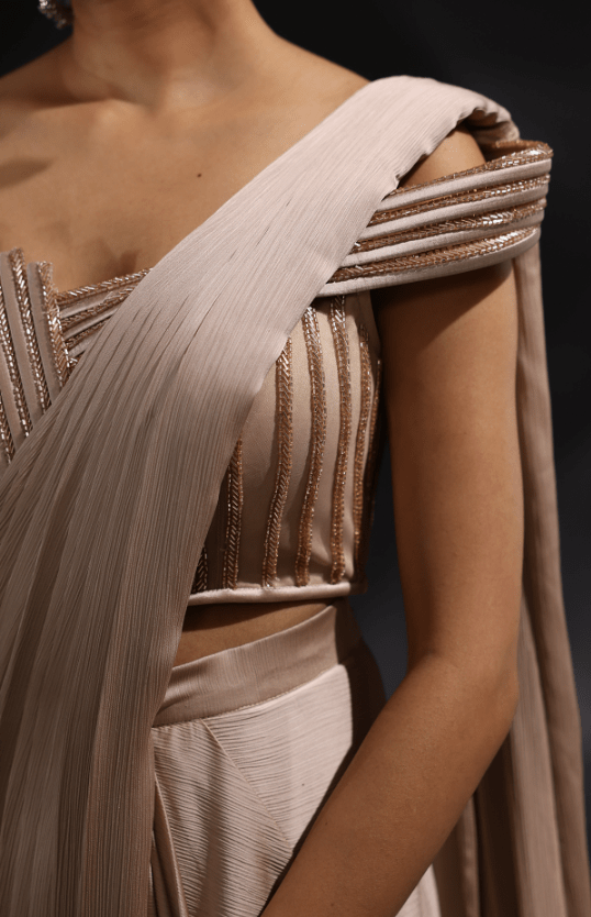 Mocha Colored Imported Satin Pre-Draped Saree Set - Image 3