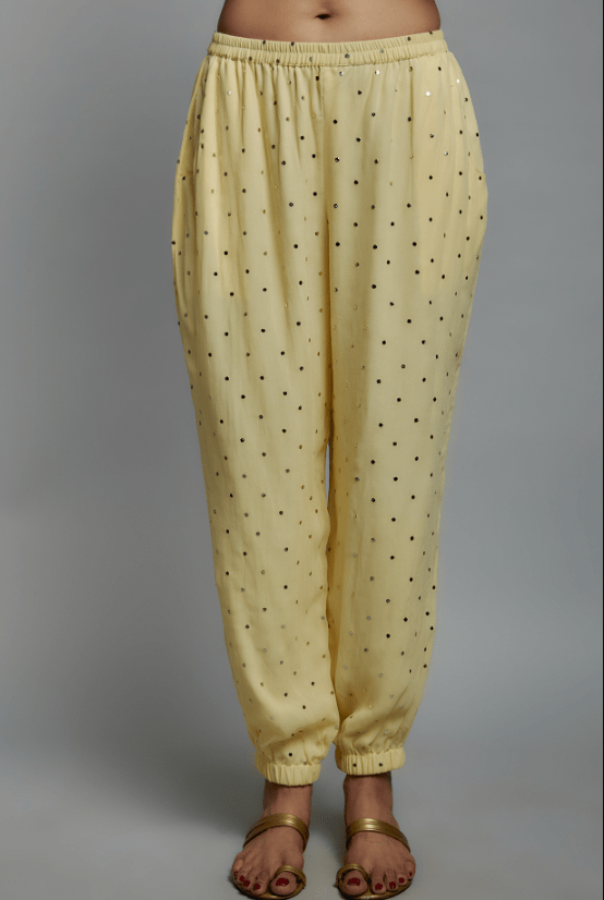 Yellow Mukaish Georgette Applique Embroidered High-Low Kurta Set - Image 3