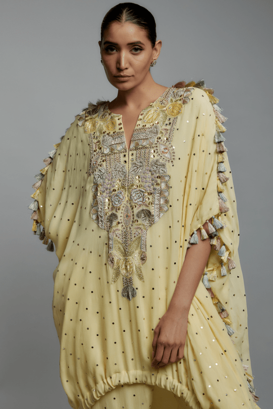 Yellow Mukaish Georgette Applique Embroidered High-Low Kurta Set - Image 4