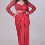 Red Armani Satin Draped Skirt Saree Set