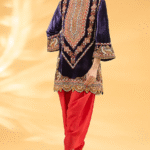 Blue Silk Velvet Ajrakh Printed & Hand Embroidered Kurta Set