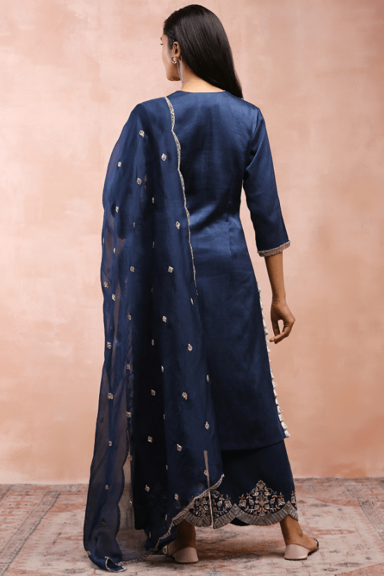 Navy Satin Embroidered Kurta Set - Image 2