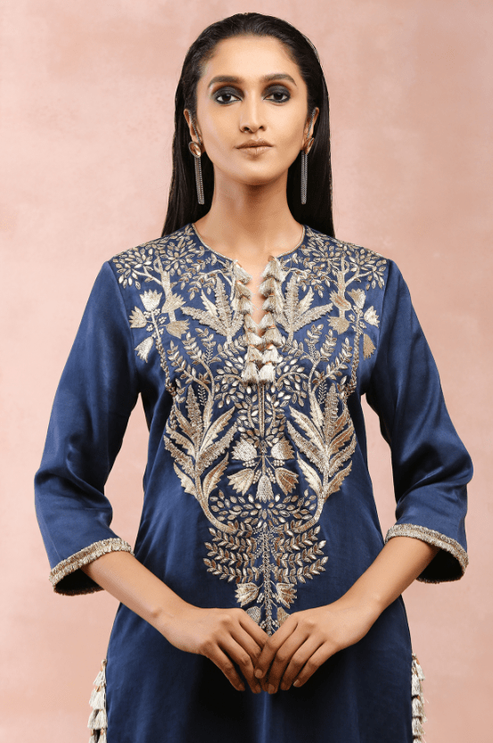 Navy Satin Embroidered Kurta Set - Image 3