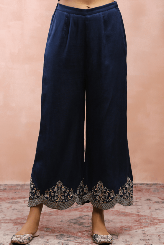 Navy Satin Embroidered Kurta Set - Image 4