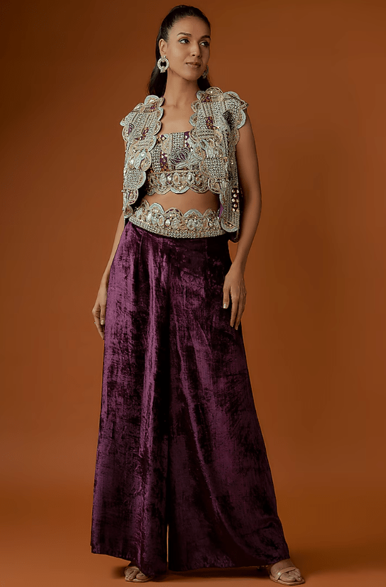Purple Georgette Embroidered Jacket Set