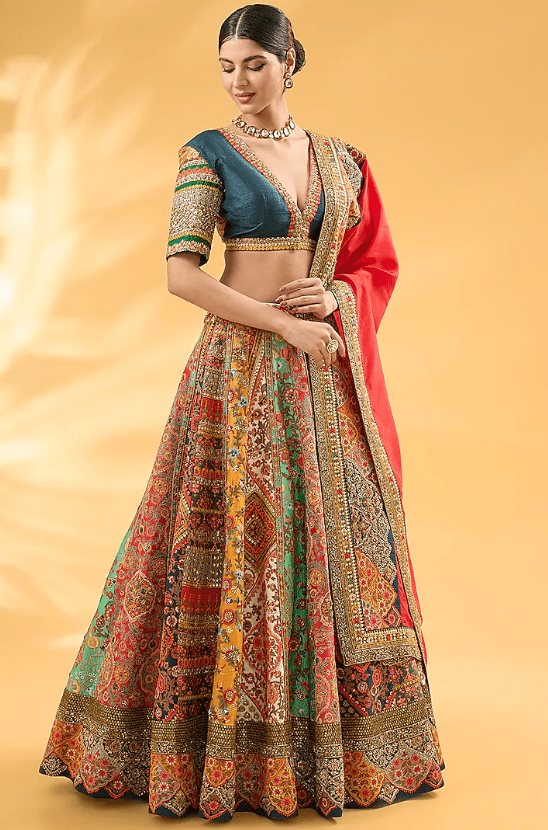 Multi-Colored Silk Abstract Printed & Hand Embroidered Lehenga Set