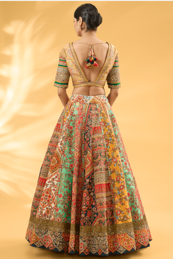 Multi-Colored Silk Abstract Printed & Hand Embroidered Lehenga Set - Image 2
