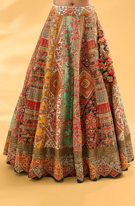 Multi-Colored Silk Abstract Printed & Hand Embroidered Lehenga Set - Image 3