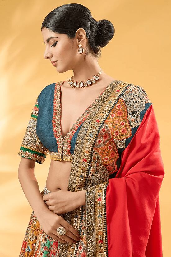 Multi-Colored Silk Abstract Printed & Hand Embroidered Lehenga Set - Image 4