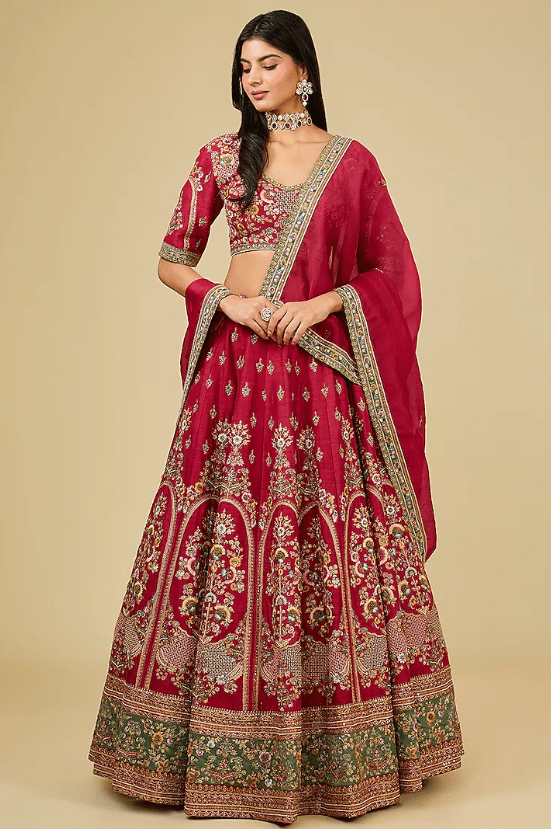 Red Raw Silk Hand & Machine Embroidered Lehenga Set