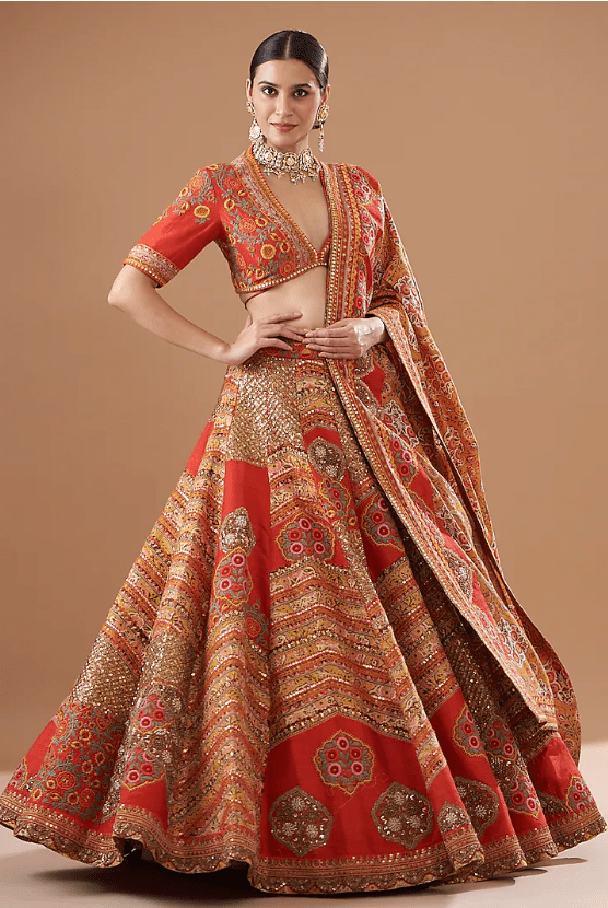 Red Chanderi Silk Embroidered Lehenga Set