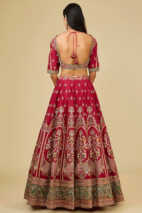 Red Raw Silk Hand & Machine Embroidered Lehenga Set - Image 2