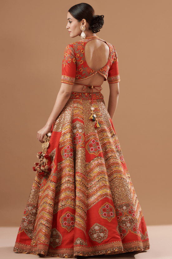 Red Chanderi Silk Embroidered Lehenga Set - Image 2