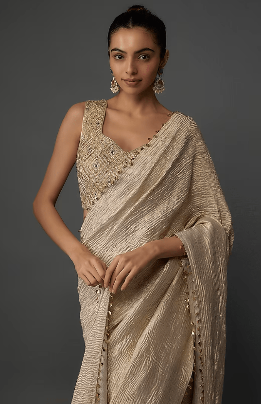 Gold Tissue Pre-Stitched Saree Set - Image 3