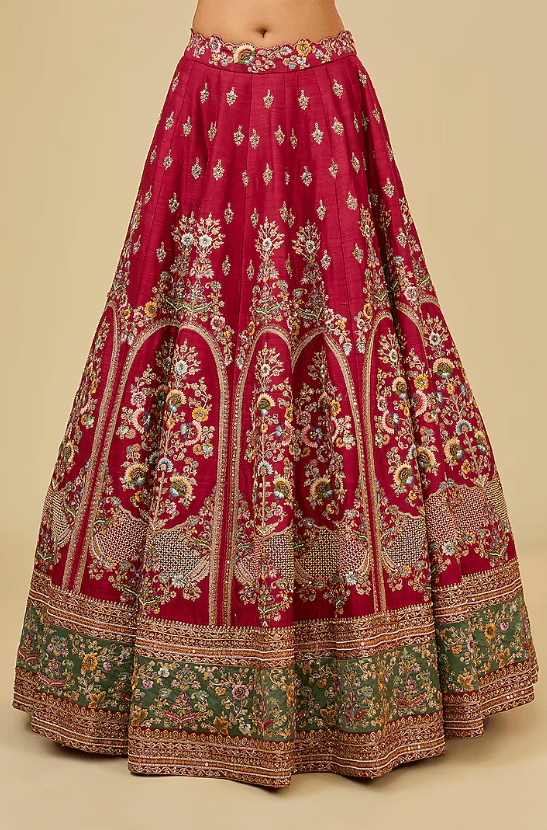 Red Raw Silk Hand & Machine Embroidered Lehenga Set - Image 3