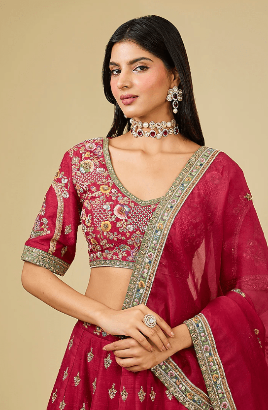 Red Raw Silk Hand & Machine Embroidered Lehenga Set - Image 4