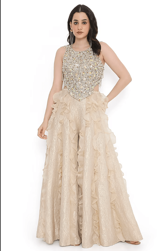 Gold Tissue Frilled Sharara Set