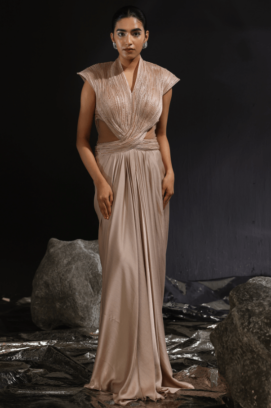 Mocha Imported Satin Embroidered Pre-Draped Gown Saree
