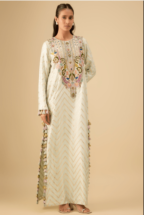 Off-White Dola Silk Zig-Zag Embroidered Kaftan