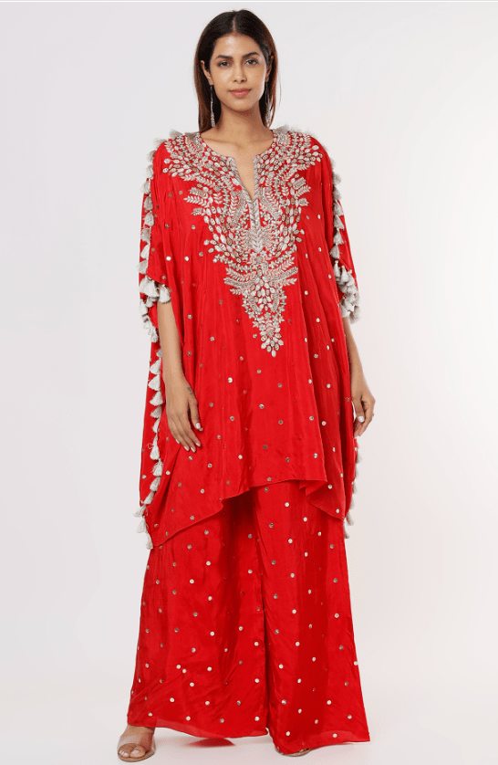 Cadmium Red Embroidered Kaftan Set