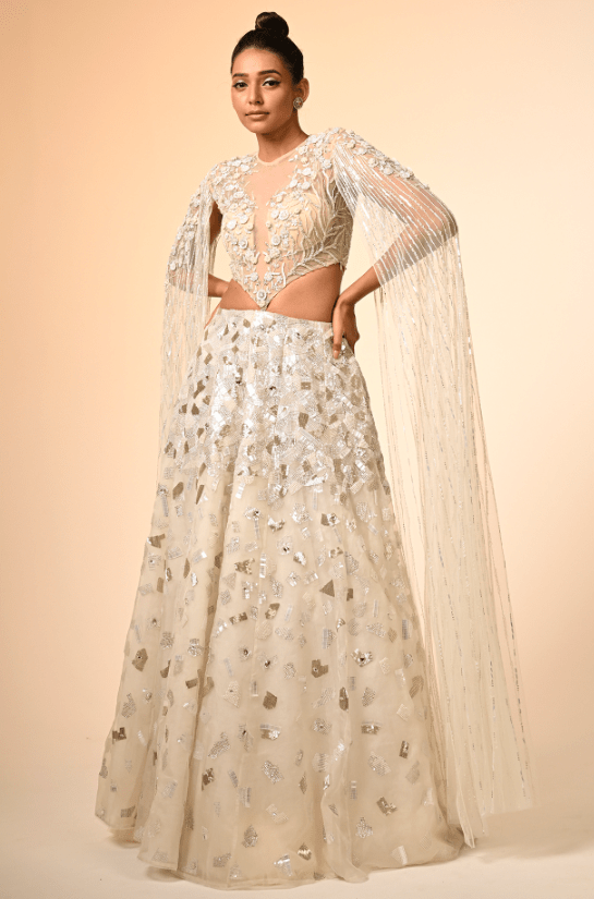 Ivory Net & Organza Hand Embroidered Lehenga Set