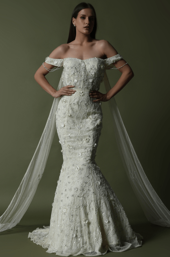White Tulle & Hard Net Hand Embroidered Mermaid Gown