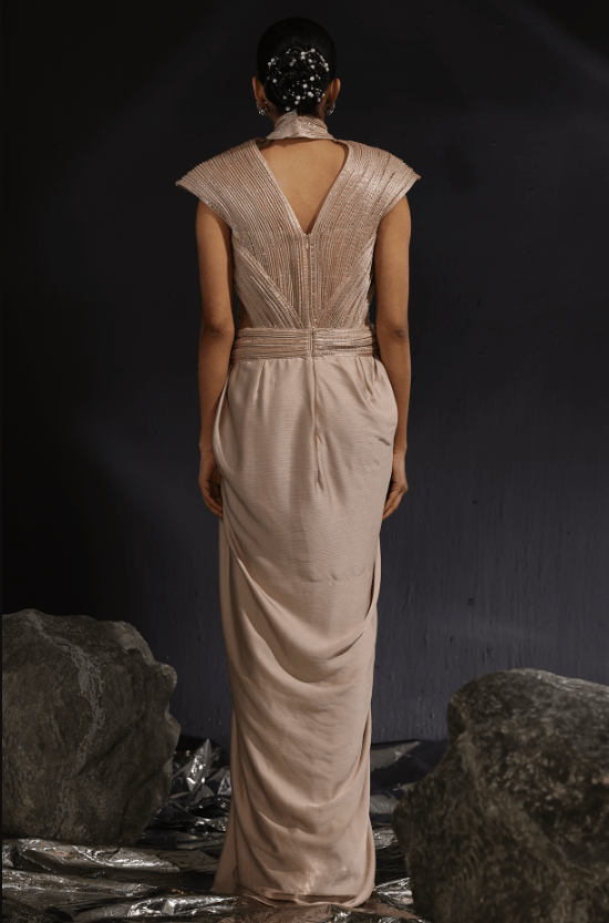 Mocha Imported Satin Embroidered Pre-Draped Gown Saree - Image 2