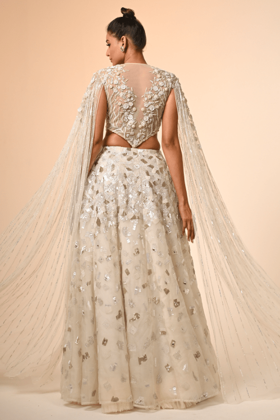 Ivory Net & Organza Hand Embroidered Lehenga Set - Image 2
