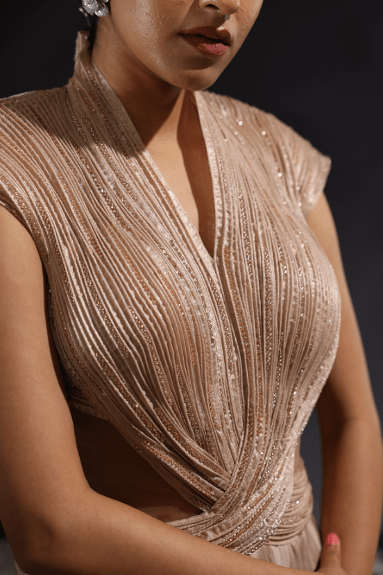 Mocha Imported Satin Embroidered Pre-Draped Gown Saree - Image 3