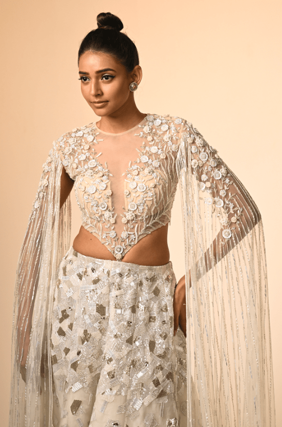 Ivory Net & Organza Hand Embroidered Lehenga Set - Image 4