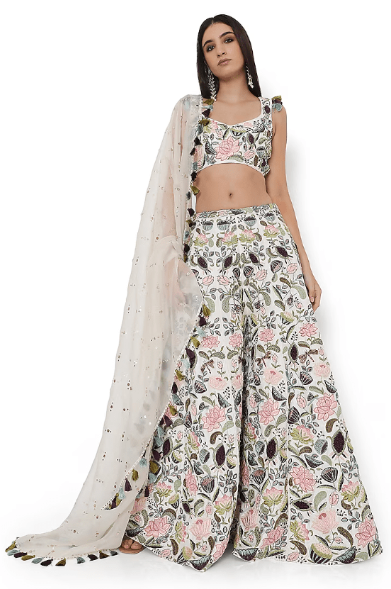 Ivory Dupion Silk Embroidered Sharara Set