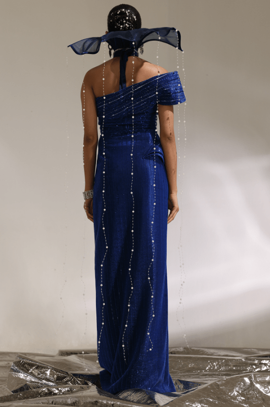 Sapphire Textured Fabric & Nylon Off-Shoulder Gown - Image 2