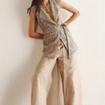 Beige Silk & Semi Sheer Organza Wide-Legged Palazzo Pants
