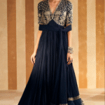 Navy Silk Embroidered Anarkali With Dupatta