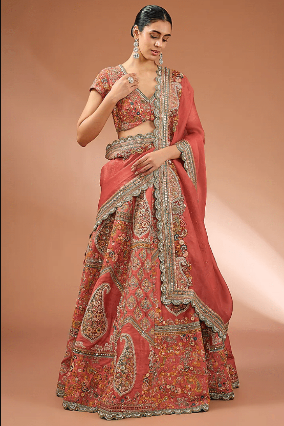 Red Dupion Jamewar Patchwork Lehenga Set