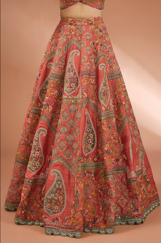 Red Dupion Jamewar Patchwork Lehenga Set - Image 3