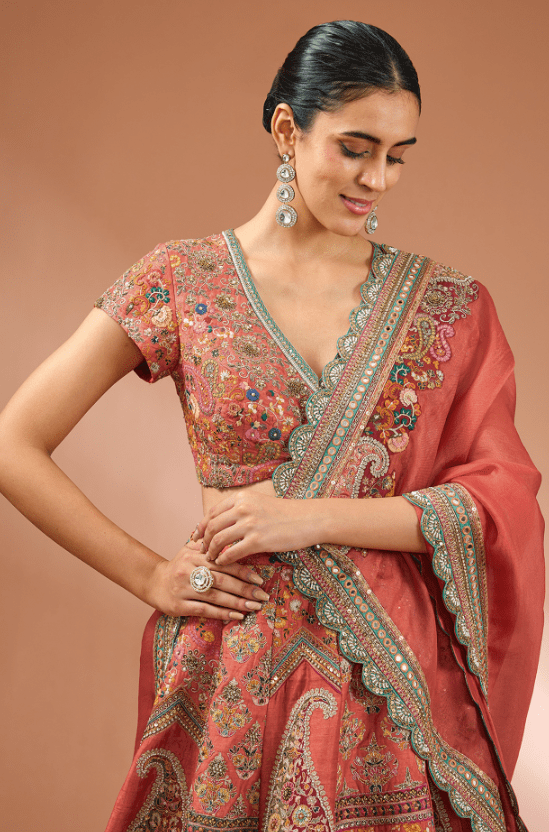 Red Dupion Jamewar Patchwork Lehenga Set - Image 4