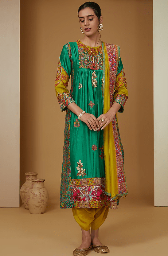 Green Cotton Silk Embroidered Gathered Kurta Set