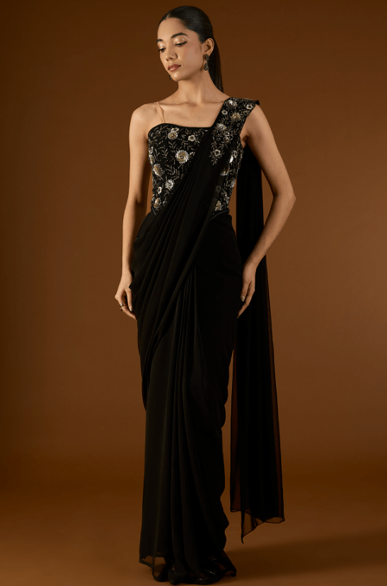 Black Georgette Pre-Draped Saree Set