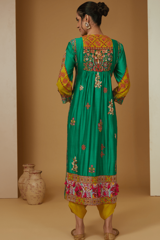Green Cotton Silk Embroidered Gathered Kurta Set - Image 2